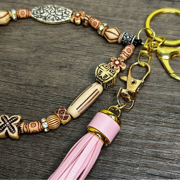 Bohemian Wooden Beads Beaded Keychain with Tassel - Gold and Blush Pink - Picture 3 of 4